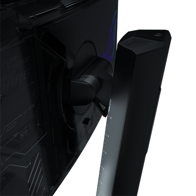 Close-up of the monitor stand's tilt hinge and pivot arm, with height markings etched into the stand column.