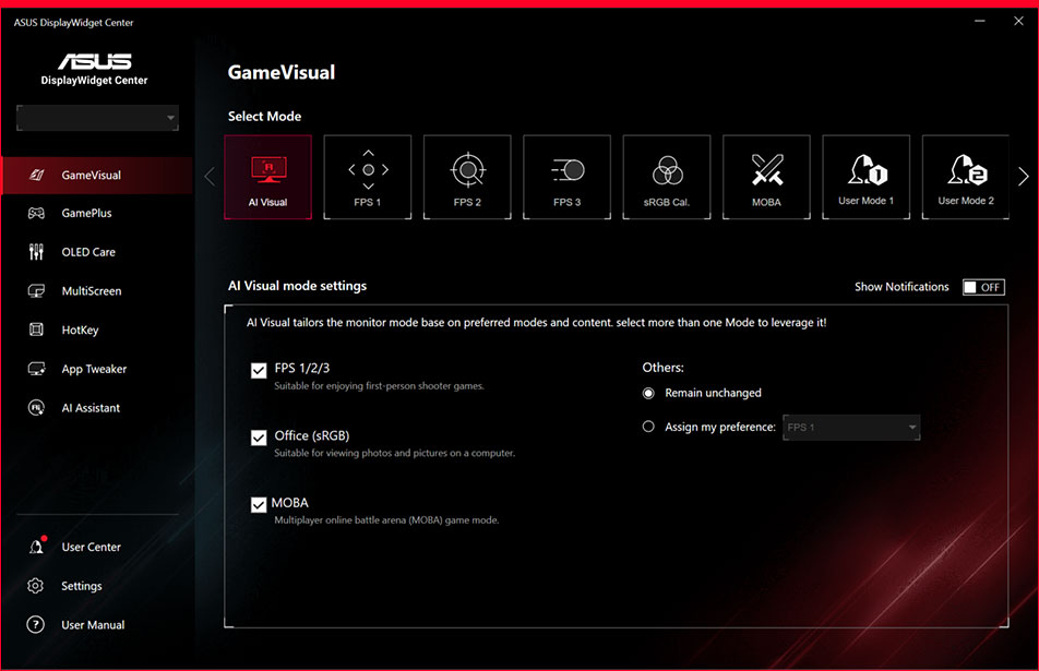 Screenshot of the ASUS DisplayWidget Center UI showing customizable GameVisual settings.