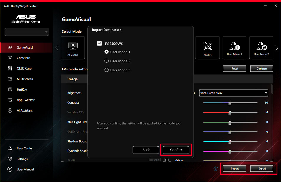 Screenshot of the ASUS DisplayWidget Center software's GameVisual settings, showing an Import Destination dialog for saving FPS mode image settings, such as brightness and contrast, to a user mode on the PG259QWS monitor.