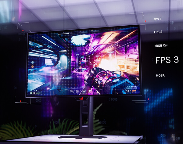ROG monitor displaying a colorful racing game scene with a calibration grid overlay and a list of picture modes: FPS 1, FPS 2, sRGB Cal, FPS 3, and MOBA.