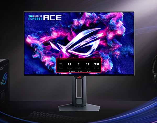 ROG OLED esports monitor on a desk showing esports branding with an FPS1 mode overlay displaying performance readouts.
