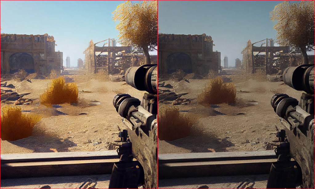 Side-by-side gameplay comparison of a desert battle: richer, warmer color saturation on ROG OLED (left) versus a duller, washed-out look on a conventional TN panel (right).” 