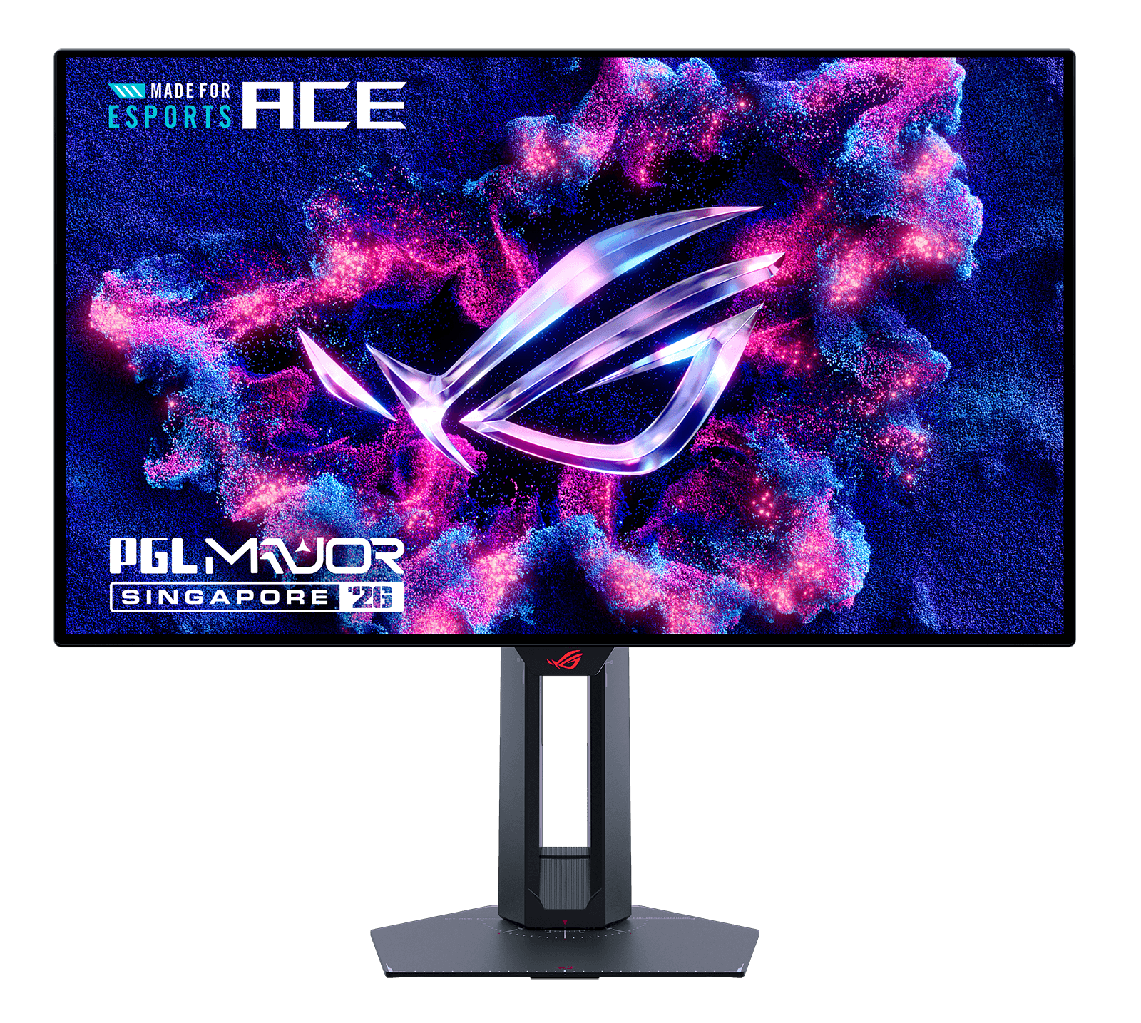 ROG Swift OLED PG259QWS Ace esports monitor on its stand, screen showing the ROG logo over a pink and blue nebula graphic with 'Made for Esports Ace' and PGL Major Singapore 2026 branding.