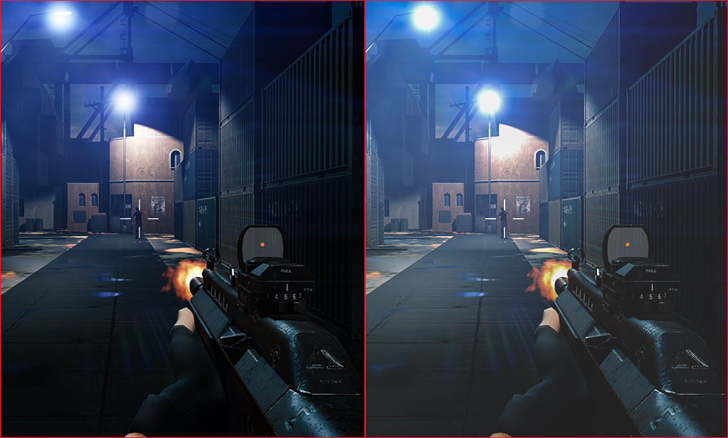 Side-by-side gameplay comparison of a shootout in a dark warehouse: brighter, more vivid image on ROG OLED (left) than on a conventional TN panel (right). 