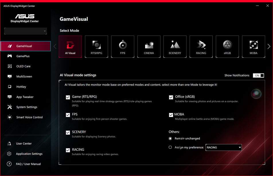 全新 ASUS DisplayWidget Center UI 屏幕截图，显示系统设定、OLED 功能等。
