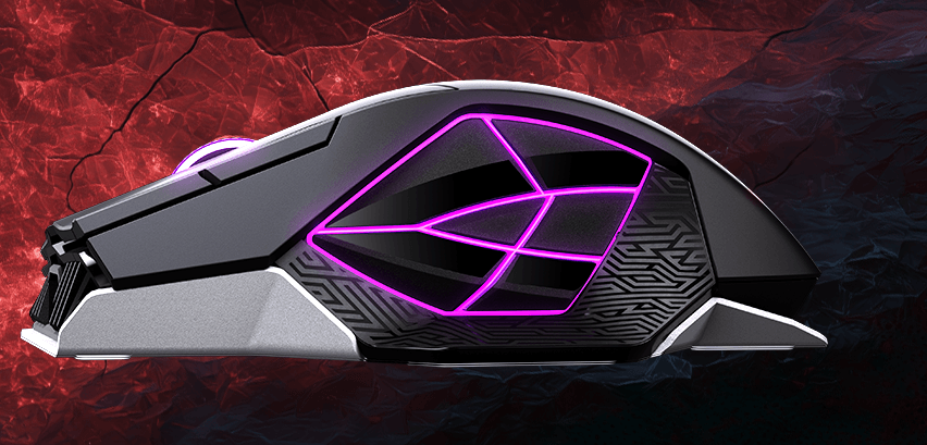 ROG 斯巴达 X 65K 侧视特写，展示 6 个侧边按键