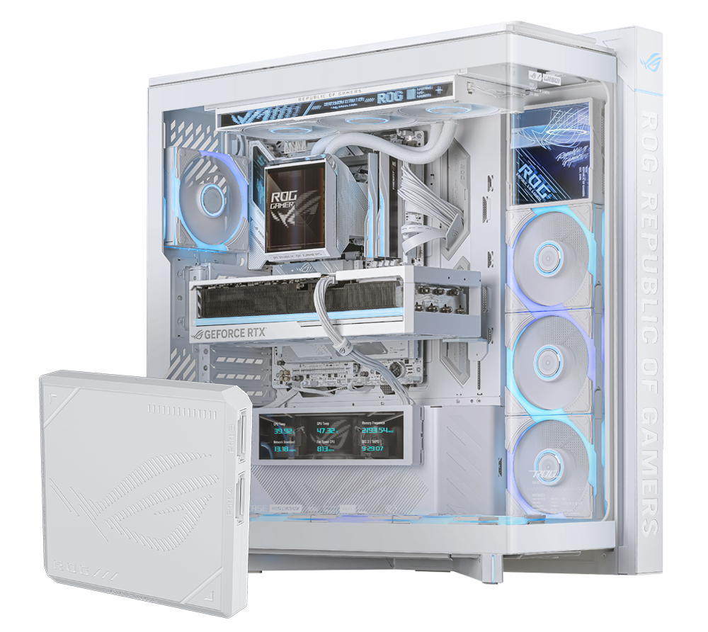 ROG GR120 ARGB PWM 白色版风扇集线器置于 ROG Cronox 整机前方