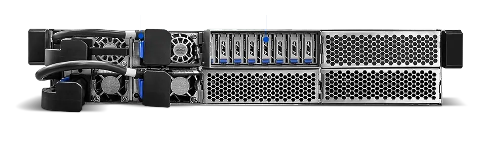 XA P2N-E2 前面板配置，展示 2 组网络卡、双插槽 GPU 插槽及 NIC/DPU 扩展卡插槽