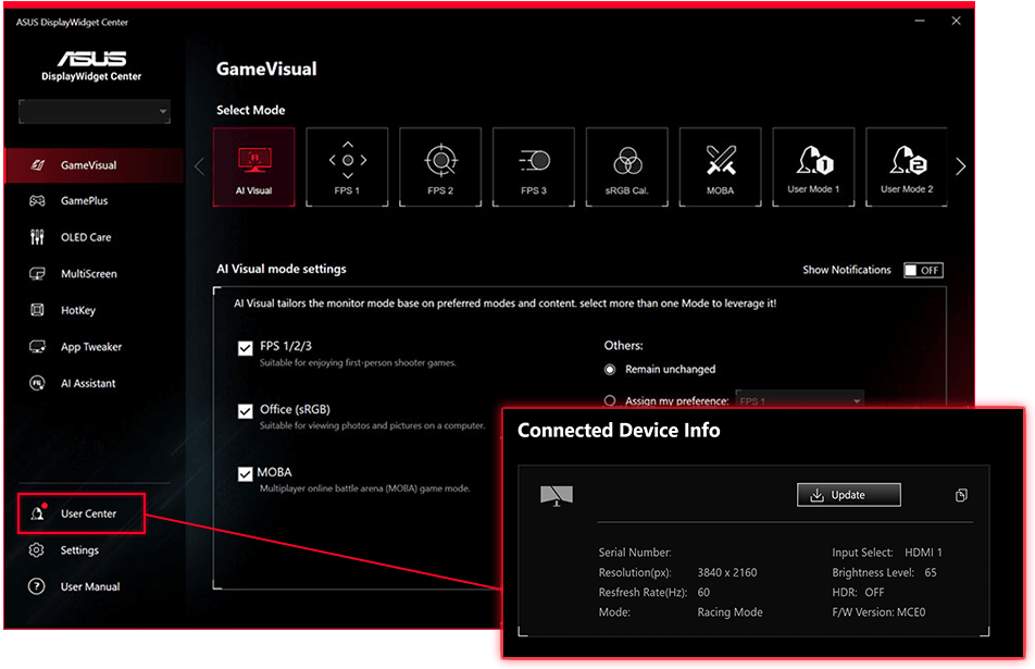 ASUS DisplayWidget Center 界面截图,显示固件自动更新通知。