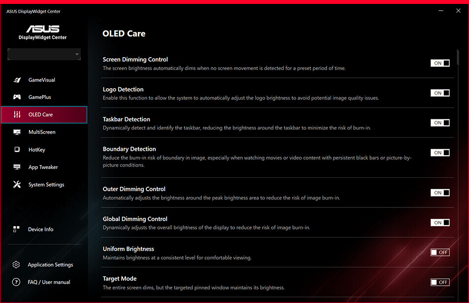 ASUS DisplayWidget Center 用户界面的截图,展示了 OLED 保护功能。
