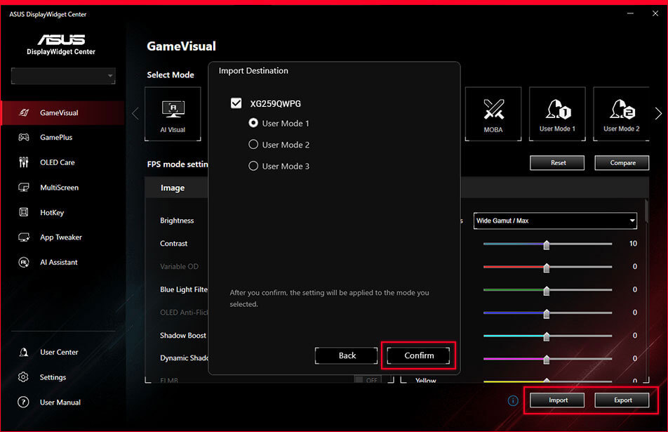 ASUS DisplayWidget Center 软件的 GameVisual 设置截图,展示了用于将 FPS 模式下的图像设置(如亮度和对比度)保存至 XG259QWPG 显示器“用户模式”的“导入目标(Import Destination)”对话框。