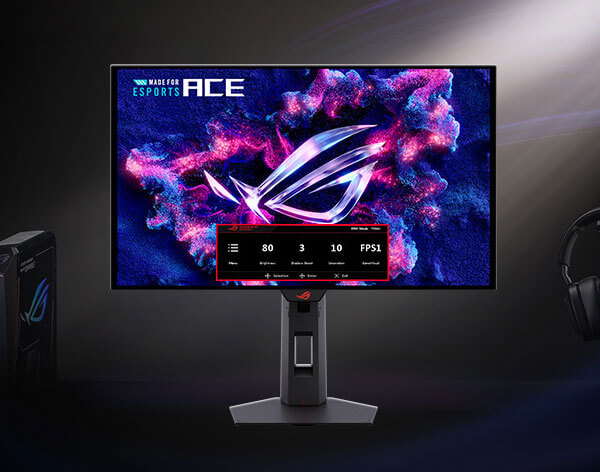 桌面上的 ROG OLED 电竞显示器展示着电竞品牌视觉,屏幕上方悬浮显示着 FPS1 模式下的各项性能参数数据。