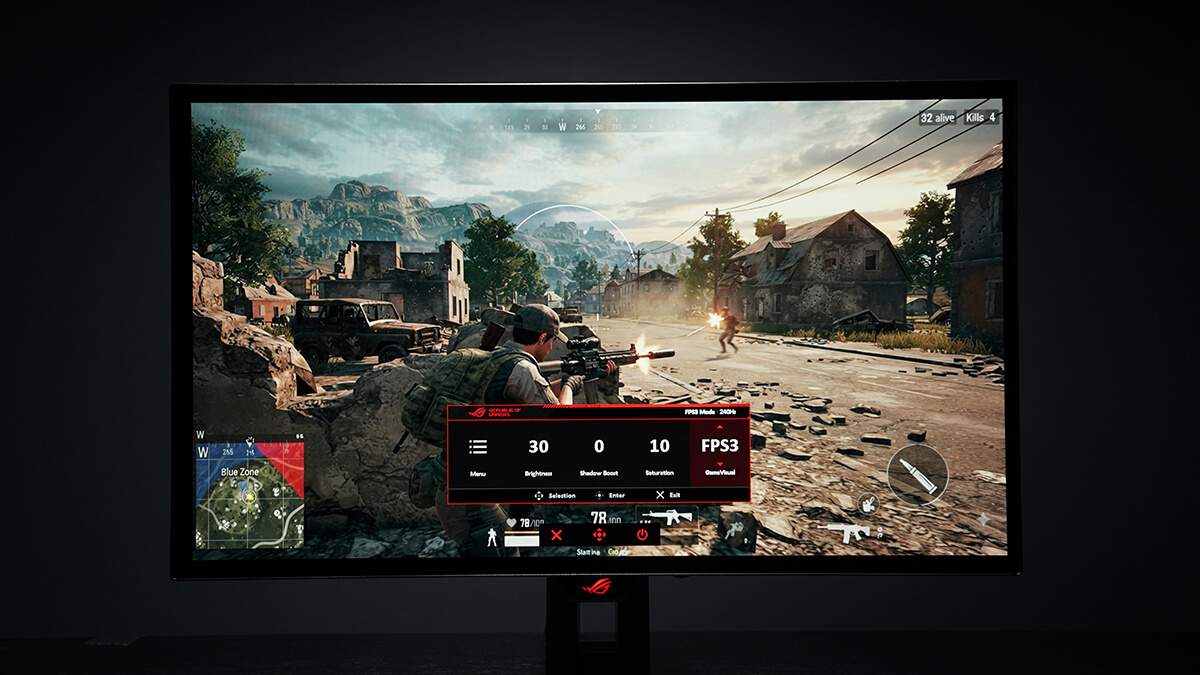 ROG游戏显示器正在显示一款第一人称射击游戏,屏幕上叠加了帧率(FPS)和游戏性能监测界面。