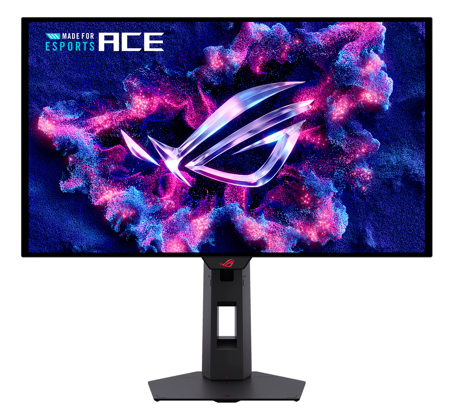 安装于支架上的 ROG Strix OLED XG259QWPG Ace 电竞显示器,屏幕呈现以粉蓝星云为背景的 ROG 标识,并附带“Made for Esports Ace”标语与 2026 年 PGL 新加坡 Major 官方赛事标识。