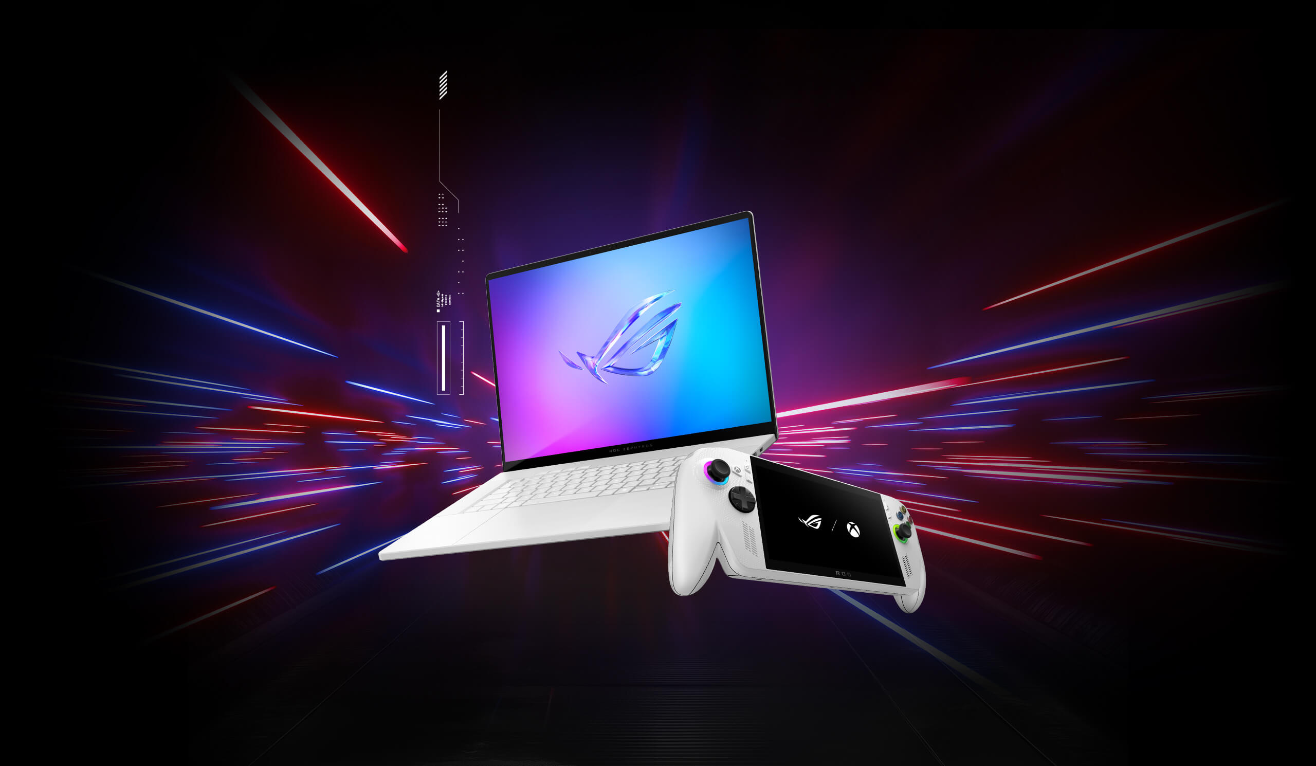 ROG laptop and ROG Ally handheld console representing 3-Level AI-Boosted Game Acceleration with text highlighting up to 34% lower latency