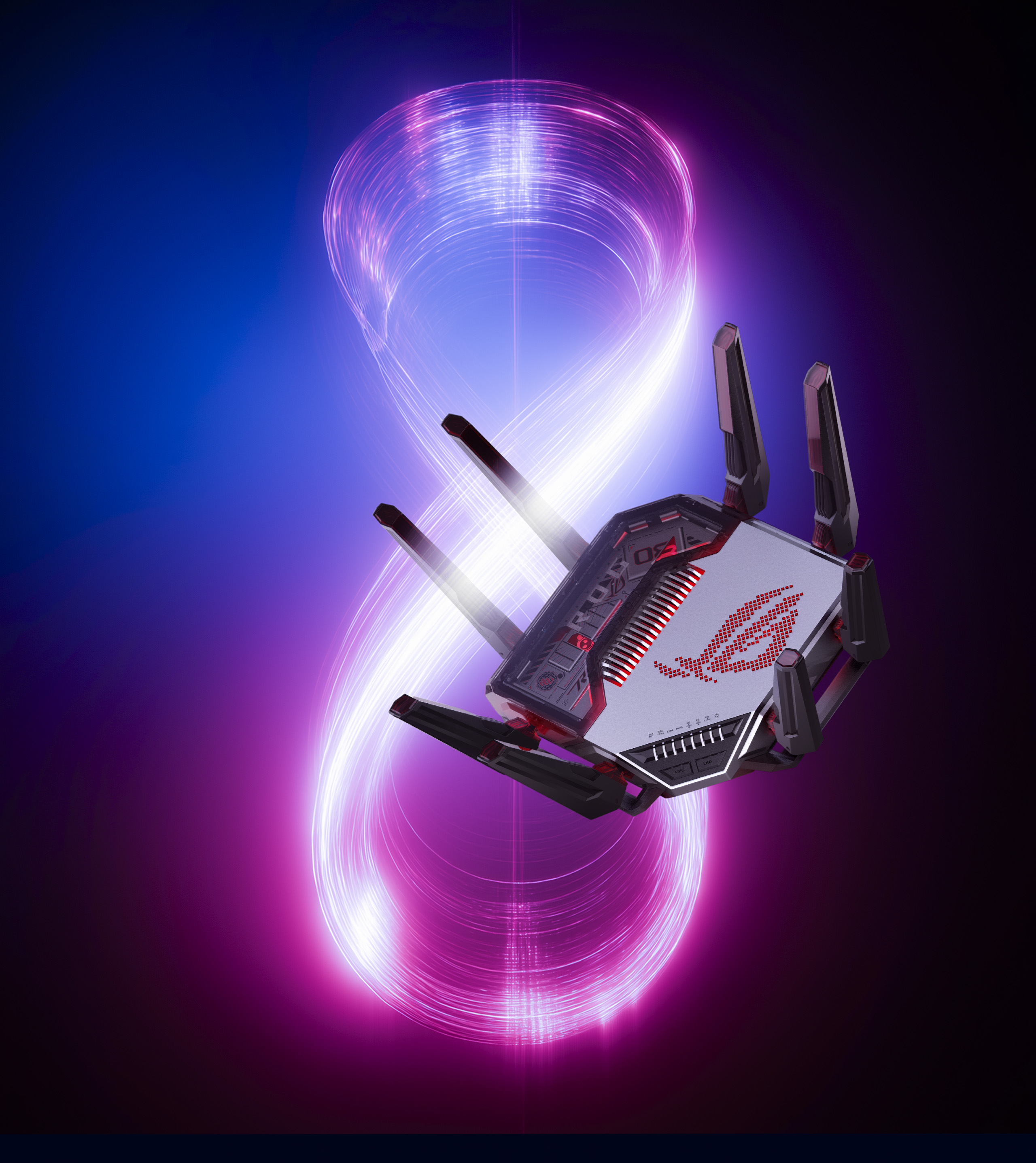 华硕 ROG 八爪鱼8 电竞路由器正面视图，配有 Aura RGB 标志、八根天线，并在电路板背景上方悬浮着 AI 处理器立方体