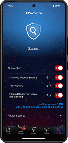 智能手机屏幕展示详细的 AiProtection 安全功能。