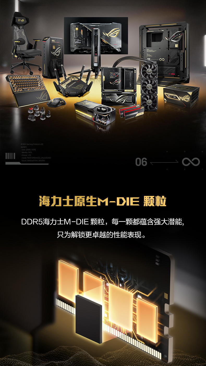 ROG 20周年纪念标识与内存金手指特写
