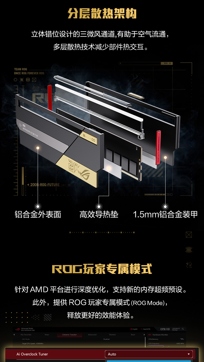 ROG 幻刃 DDR5 在 ROG 主板上的插槽实装灯效图