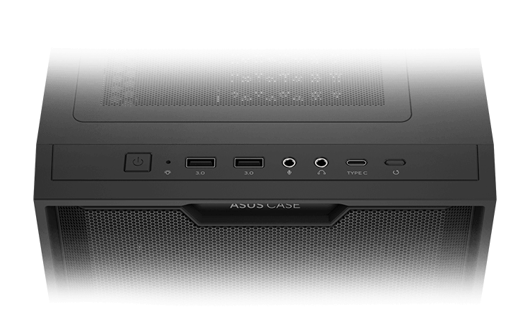 机箱前置面板特写，包含 USB Type-C 接口和两个 USB Type-A 接口。