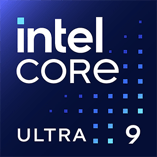 Intel Core Ultra 9 logo with a dark blue background and a pixelated design element.