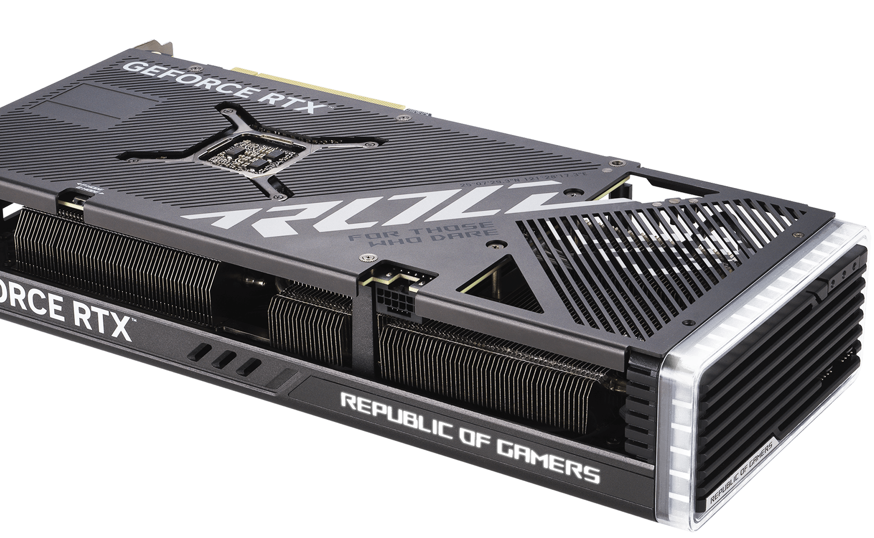 Angled view of the ROG Strix GeForce RTX 4070 graphics card, highlighting the ARGB element