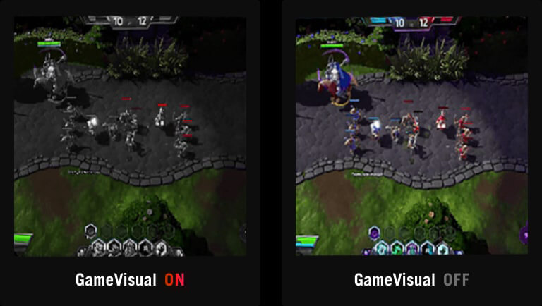 Screenshot of a MOBA game, with only the opponent's health bar colored; and other onscreen elements in black and white. / Screenshot of a MOBA game