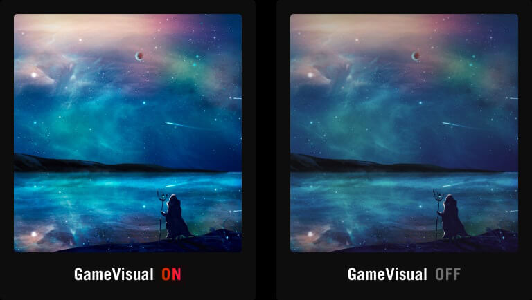 Vibrant image of a person standing on the beach against a beautiful night sky / Identical image of a person standing on the beach against a beautiful night sky, with less vivid color