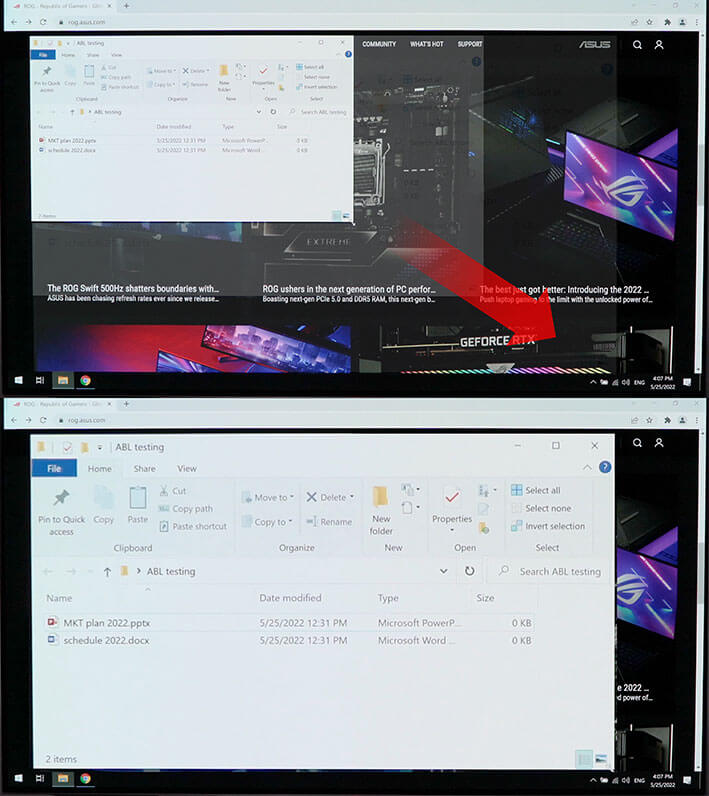 Comparison images showing a white window being enlarged in the first image, with the second image showing no change in display brightness 