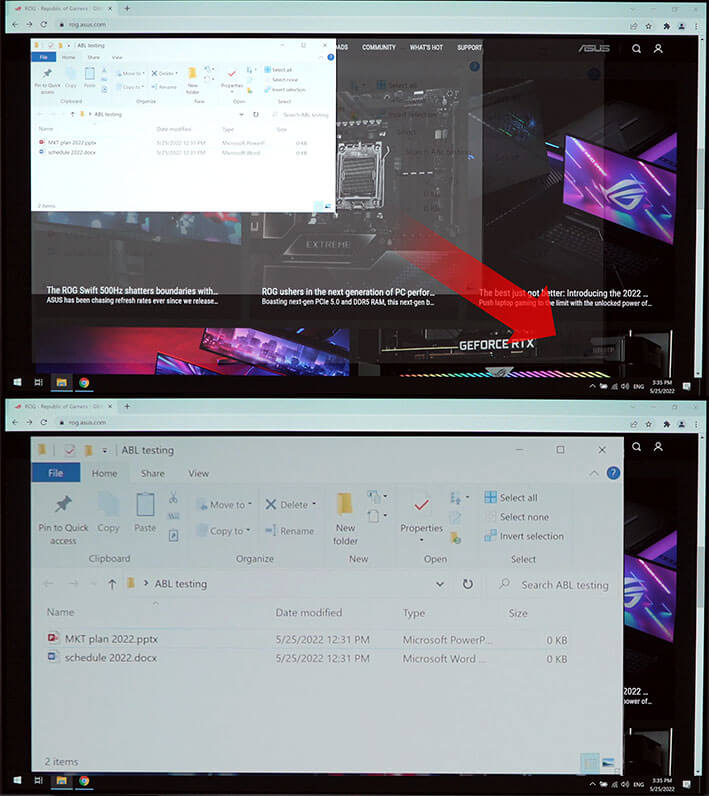 Comparison images showing a white window being enlarged in the first image, with the second image showing a dimmer display