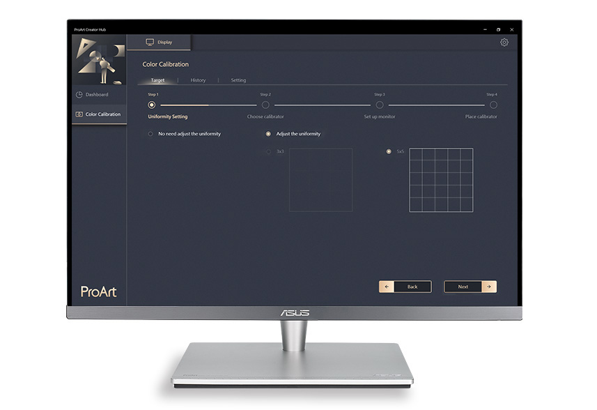 ASUS ProArt Calibration Technology offers 3x3 and 5x5 uniformity compensation matrices to ensure consistent brightness throughout the screen to reduce color shift.