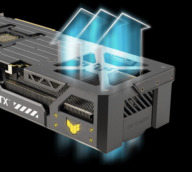 Graphic depicting how airflow passes through the vented exoskeleton of the TUF Gaming RTX 5090 D