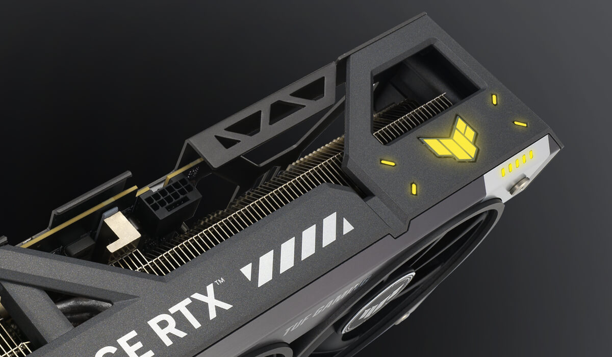 Angled closeup of the ASUS TUF Gaming GeForce RTX 5090 D graphics card, highlighting the ARGB elemen