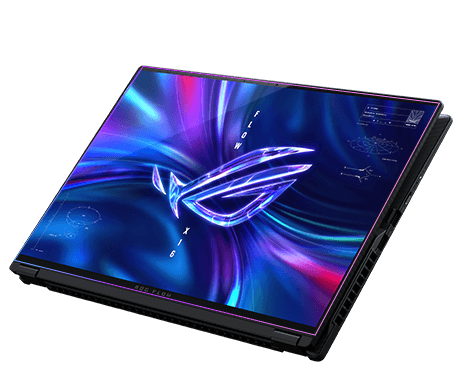 Flow X16 in tablet mode and the ROG “Fearless Eye” logo on screen.