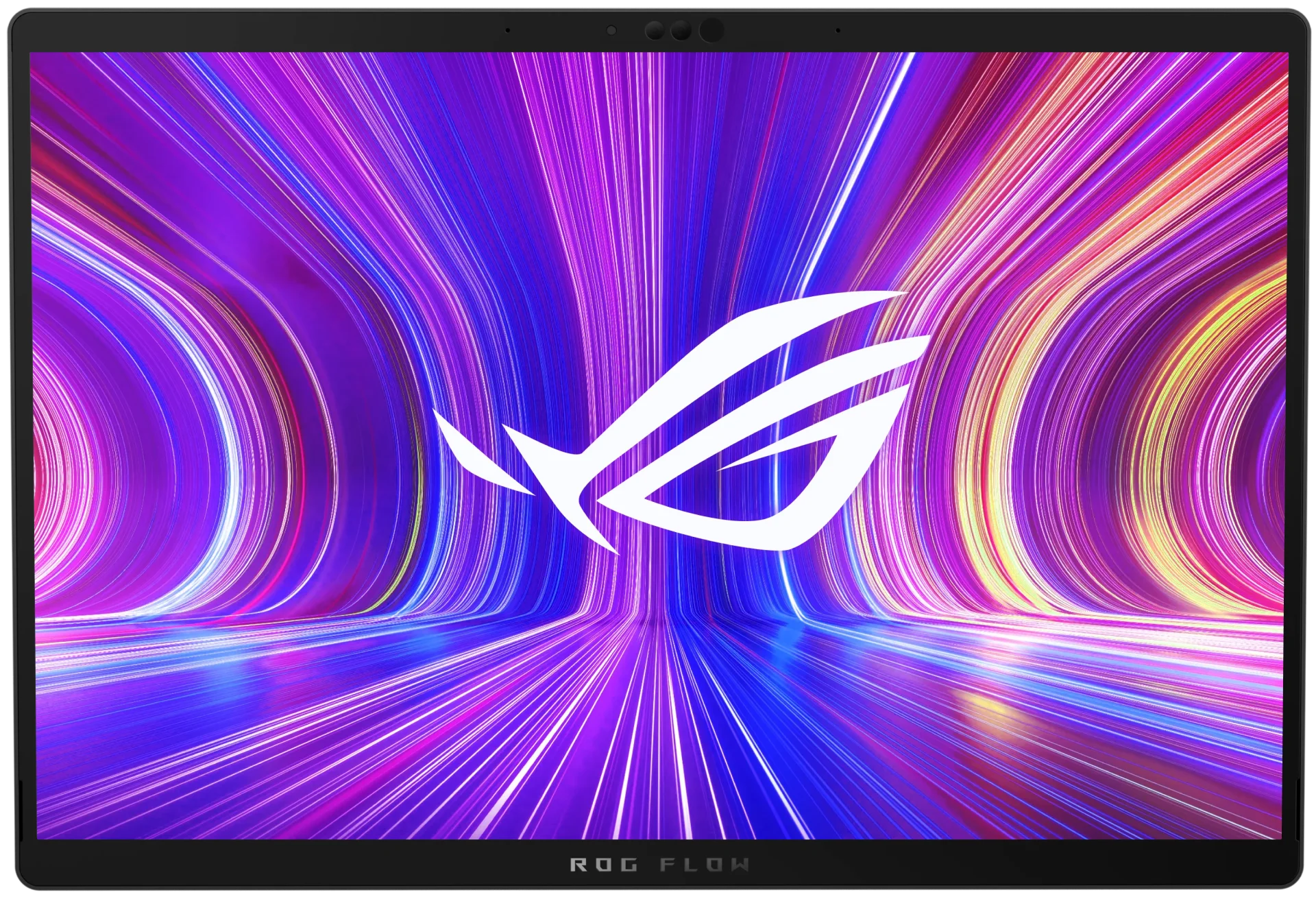 The ROG Flow X16 in tent mode with the ROG “Fearless Eye” logo on screen.