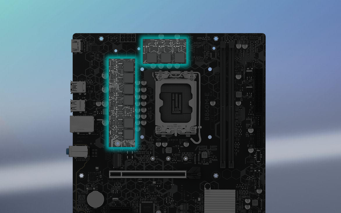 Angled top-down view of B860M-E motherboard. 