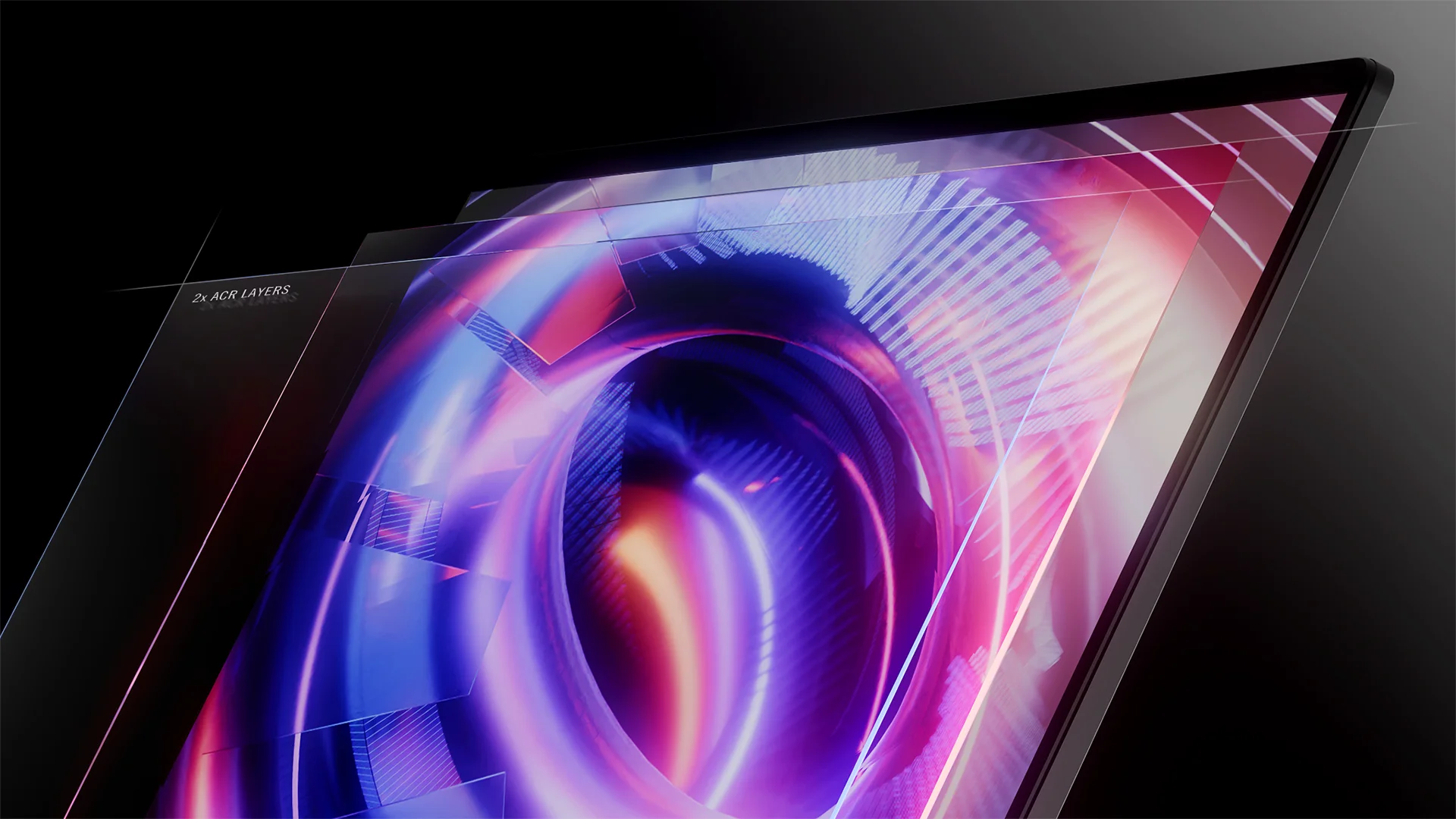 An exploded view of an ROG Strix display, with emphasis on the multiple display layers. 