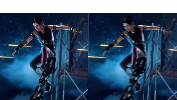 A game character shown twice side-by-side, once clearly, and once with lots of blur, to highlight the benefits of fast pixel response times. 