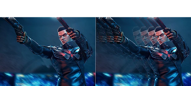 A game character shown twice side by side, once with clarity, and once with multiple ghosted images, to highlight the difference of a high refresh rate monitor. 
