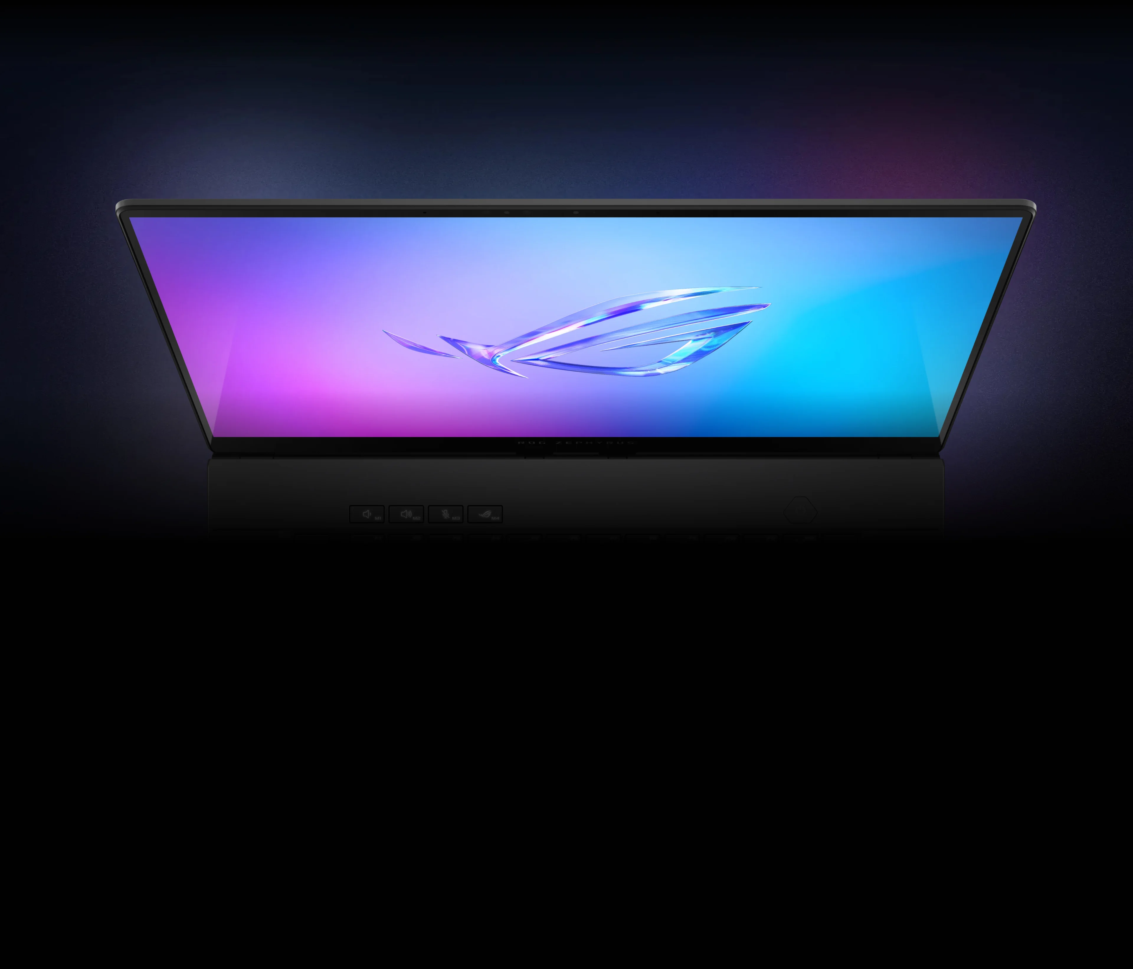 Top down view of the Zephyrus M16, with bright neon streaks on screen to show the clarity and vibrance of the display.