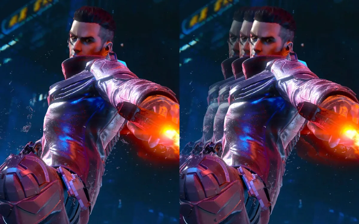 A person in white wearing white ROG headphones, split in half vertically. On the left, the image is clearer, with the text “300Hz”, while on the right, there is a slight ghosting or blur on the character, and the text “60Hz” 