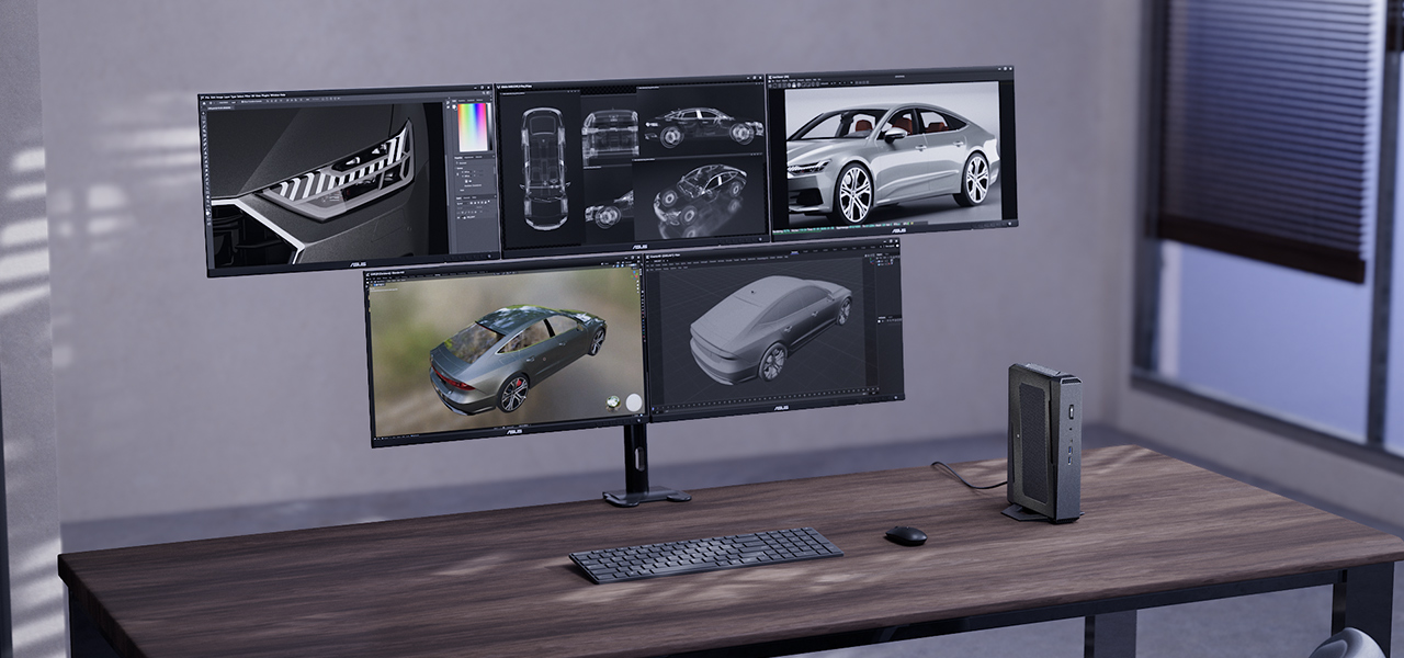 连接 5 台显示器的 NUC 15 高性能迷你 PC，展示了其同时处理高性能图像的能力