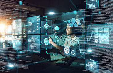 使用人工智能或用户界面访问元数据，将世界、电脑和商务女性叠加在一起