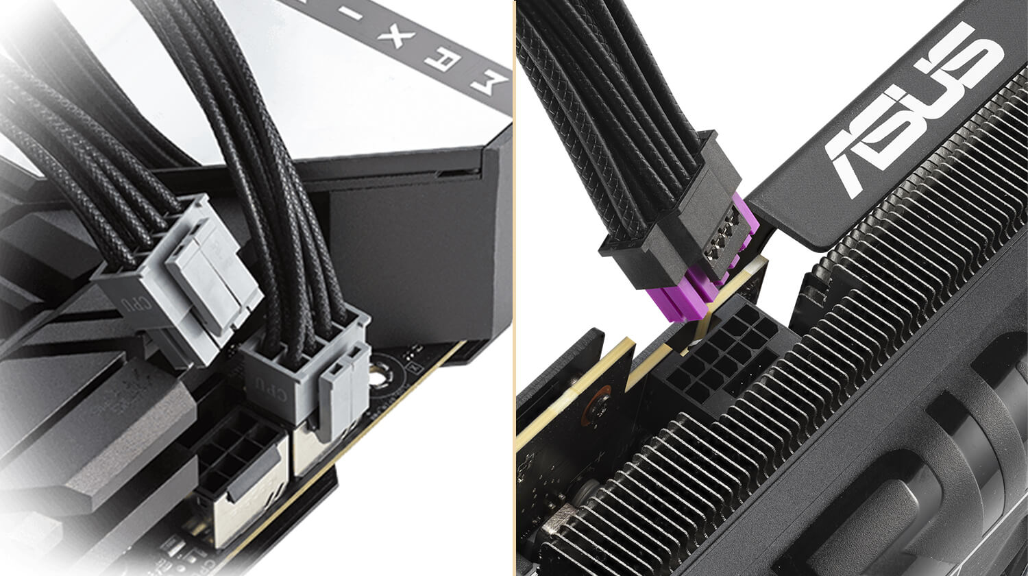 特写一组连接到主板的 CPU 电源线