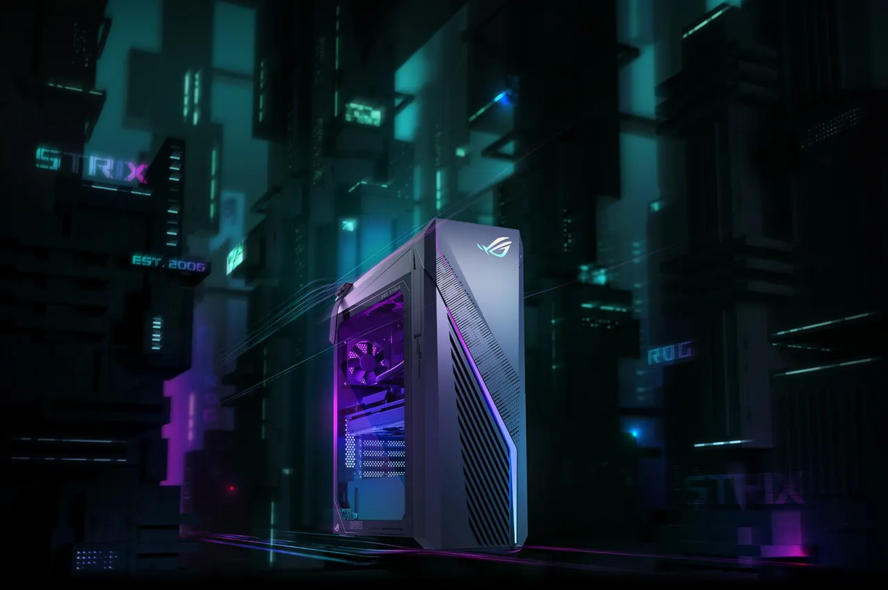 The ROG G16 desktop floating with a cyberpunk city in the background.
