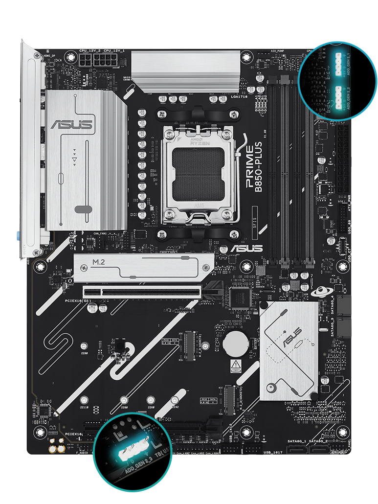 PRIME B850-PLUS front view, 45 degrees.