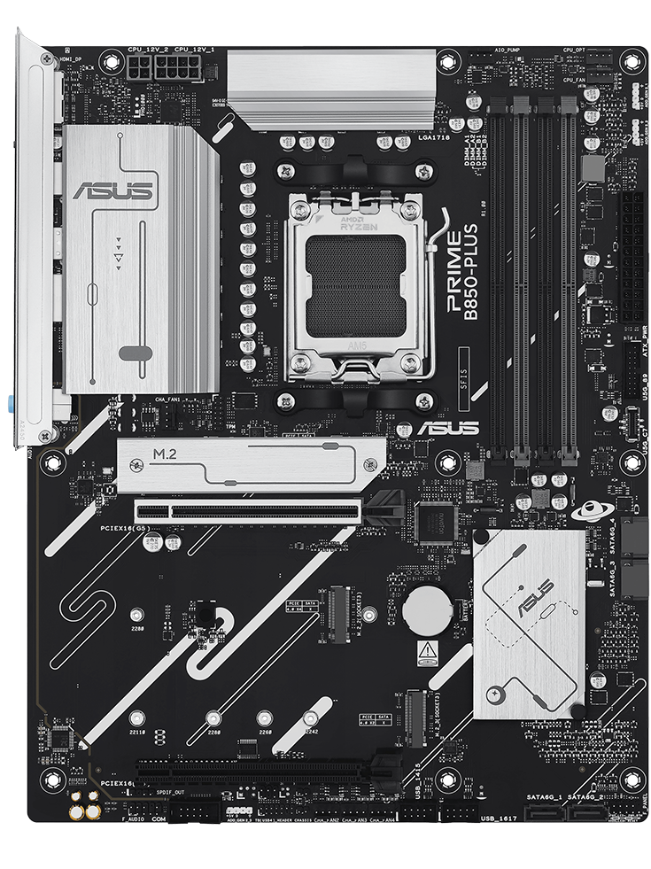 PRIME B850-PLUS motherboard front view, floating in space.