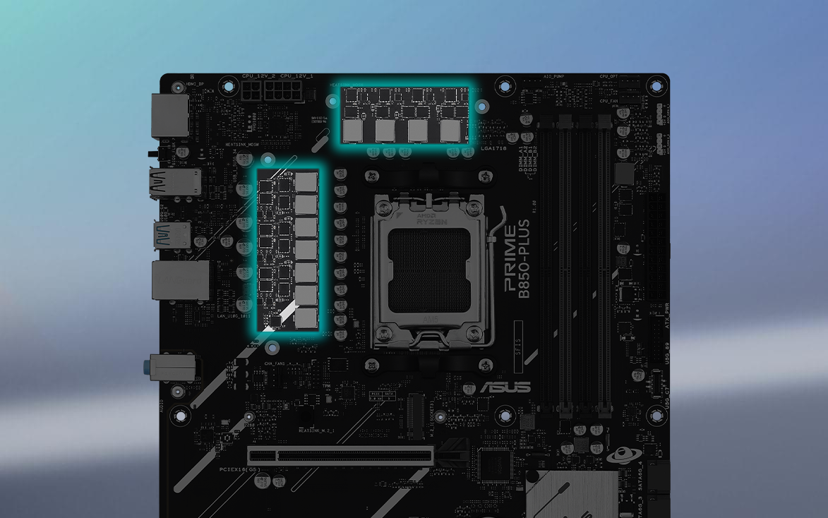 Angled top-down view of PRIME B850-PLUS motherboard.