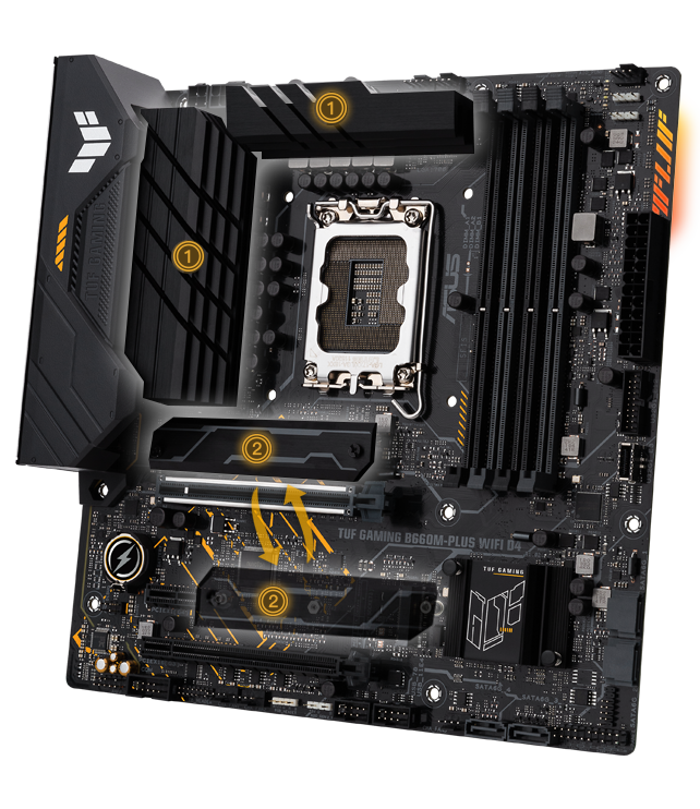 TUF GAMING B660M-PLUS WIFI D4 features an expanded VRM heatsink and thermal pad, and three M.2 slots with heatsinks. 