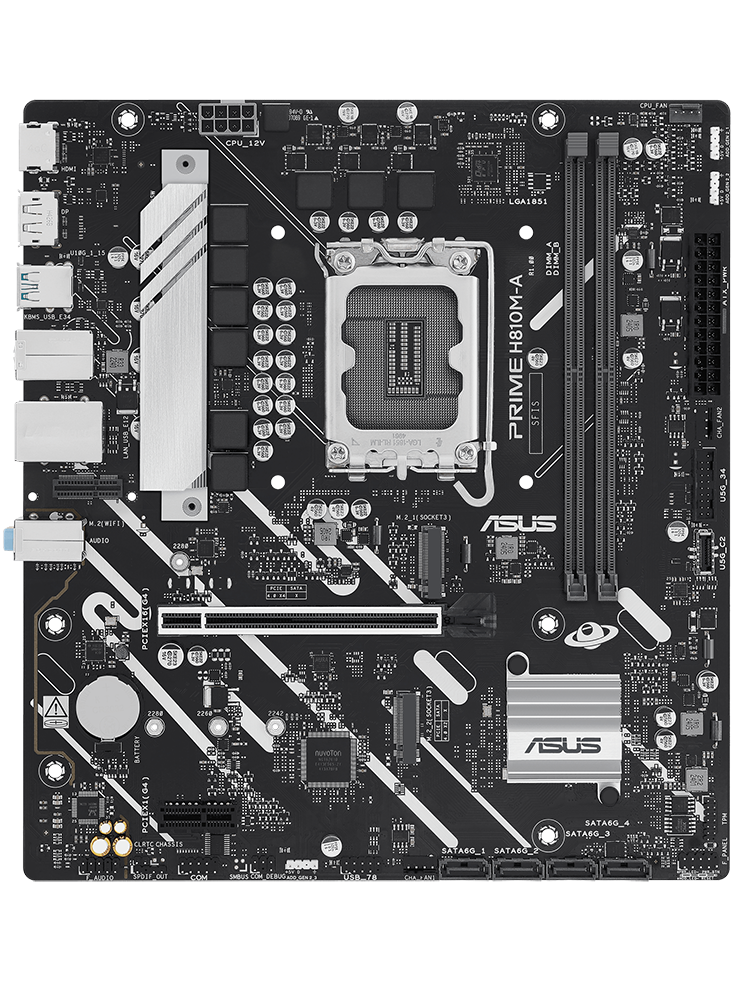 PRIME H810M-A motherboard front view, floating in space.